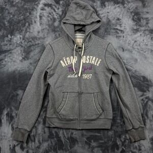 Aeropostale Full Zip Hoodie Women Large Gray New York Graphic Sweatshirt